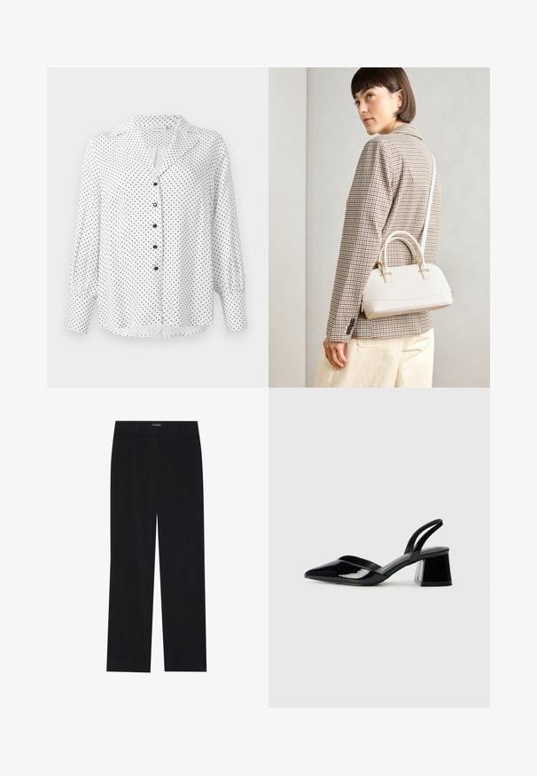 Fehér, hosszú ujjú blúz fekete pöttyökkel, fekete gombokkal az elején, gallérral és széles mandzsettákkal az ujjakon.; Fekete kordbársony nadrág egyenes szabással, lapos derékkal és láthatatlan zsebekkel, sima textúrával és függőleges bordázással.; Fekete lakk bőr szandálkés magas sarkú cipő, hegyes orral és geometrikus tömbsarkakkal. Karcsú, minimalista dizájn és sima textúra jellemzi.; Fehér, strukturált kézitáska rövid füllel és vállpánttal, arany színű fém kiegészítőkkel és texturált anyagból, szürke háttér előtt bemutatva.