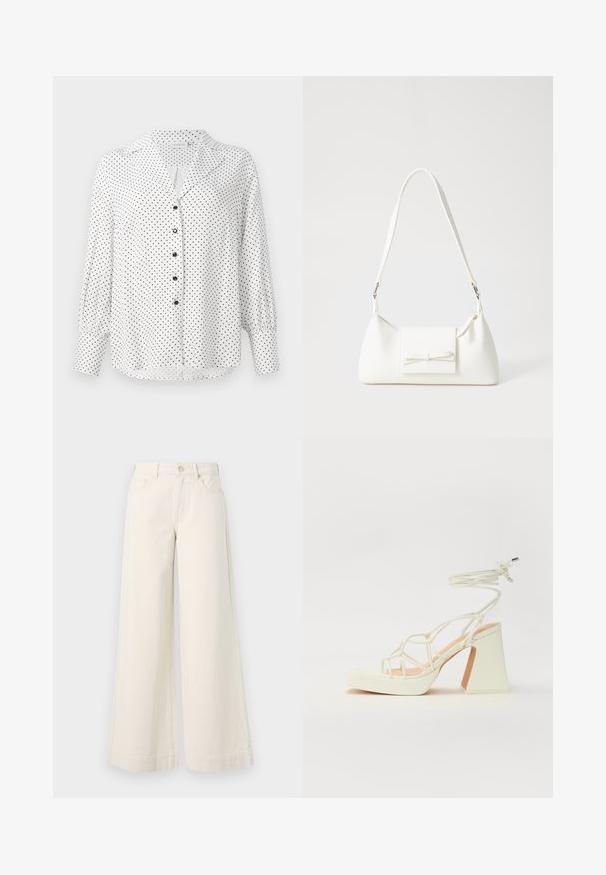 White long-sleeve blouse with black polka dots, black buttons down the front, a collar, and wide cuffs on the sleeves.; Wide-leg, light beige denim trousers with a high waist, two front pockets, button closure, and subtle stitching detail.; White high-heeled sandal with a chunky heel, featuring a strappy design and ankle tie. Smooth texture with a platform front for added height.; White synthetic handbag with a triangular shape, flat front flap and bow detail, adjustable strap, smooth texture, and minimalistic design.