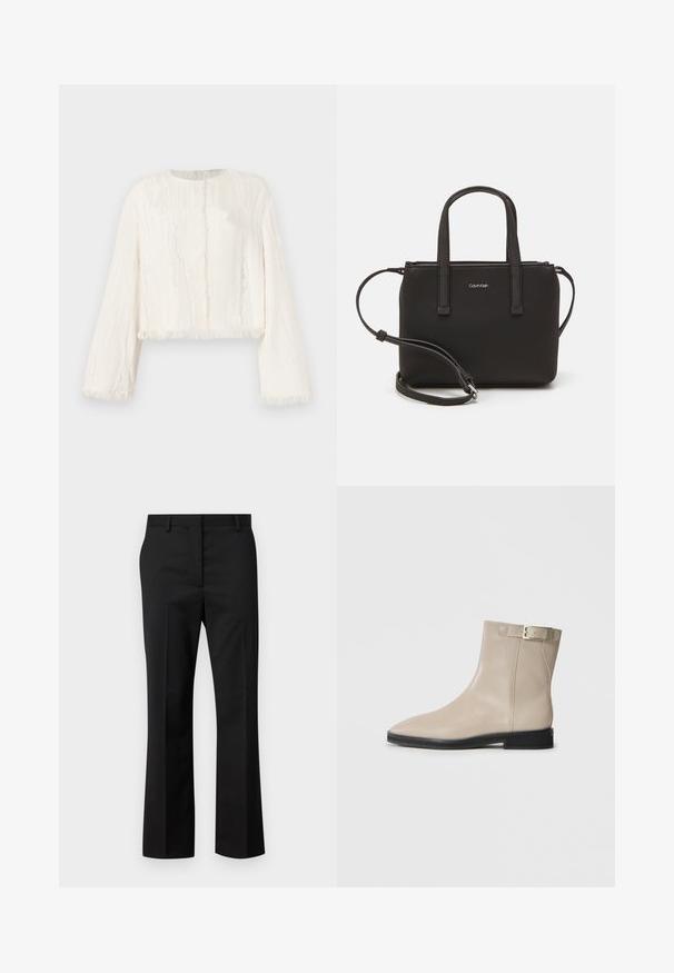 White long-sleeve cropped jacket with subtle vertical texture and frayed edges on cuffs, hem, and front opening.; Black tailored trousers with a straight leg design. Made of a smooth fabric, featuring a flat front and standard waistband with belt loops.; Beige leather ankle boot with pointed toe, black sole, low heel, and gold buckle strap on outer side, shown on white background.; Black handbag with dual short handles and a removable shoulder strap. Smooth leather-like material with a zip closure and logo detail.
