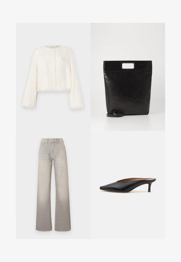 White long-sleeve cropped jacket with subtle vertical texture and frayed edges on cuffs, hem, and front opening.; Gray wide-leg jeans with a faded finish, button closure, five-pocket design, and stitched detailing along the seams.; Black leather mules with a pointed toe and low, block heel. Smooth texture with a sleek design. Open back with minimal detailing.; Black leather tote bag with a square handle, featuring a textured finish and embossed logo. Includes a detachable strap.