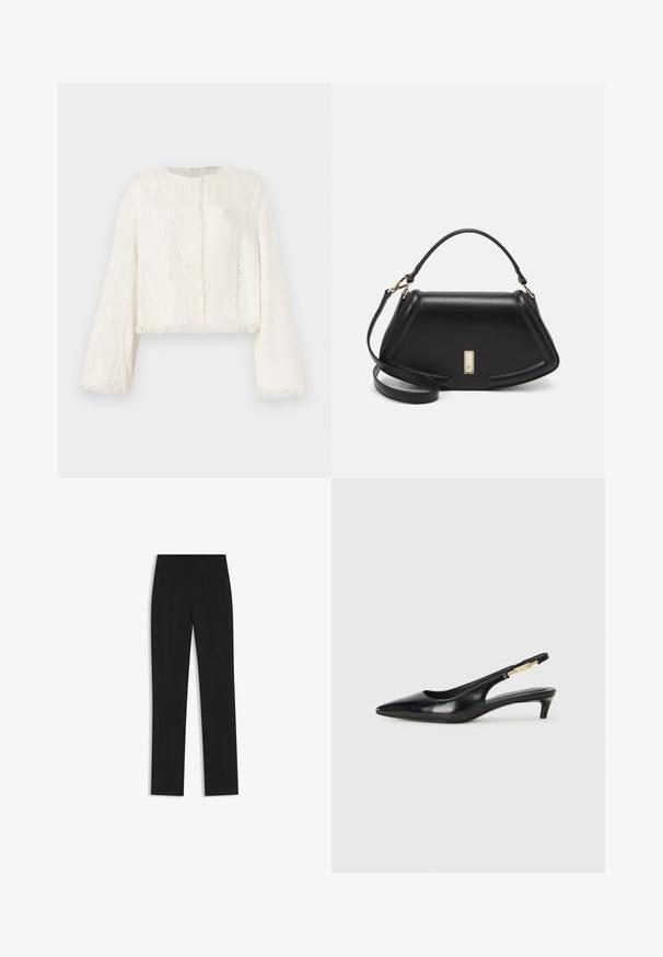 Weiße Langarm-Croppjacke mit subtiler vertikaler Textur und fransigen Kanten an den Manschetten, dem Saum und der vorderen Öffnung.; Schwarze maßgeschneiderte Hose mit geradem Bein, ausgestattet mit Fronttaschen und einem glatten, strukturierten Stoff. Saubere, minimale Details.; Schwarze Leder-Slingback-Pumps mit spitzem Schuhblatt, ausgestattet mit einem schlanken Absatz und einem goldfarbigen Akzent am verstellbaren Riemen. Glatte Textur.; Schwarze Lederhandtasche mit einem strukturierten Design, das eine verkürzte Form, einen oberen Griff und goldfarbene Hardware-Details aufweist. Verstellbarer Schulterriemen ist enthalten.