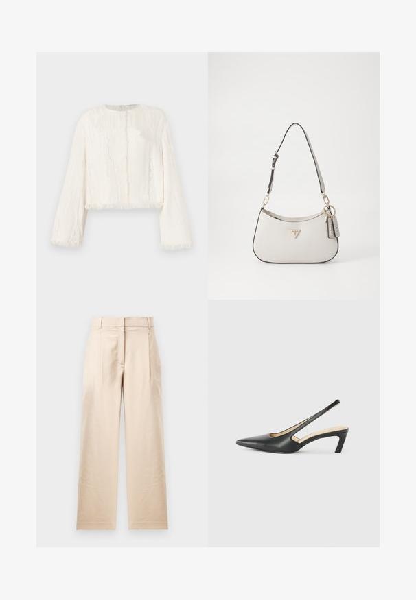 Valge pika varrukaga lühike jakk, millel on peen vertikaalne tekstuur ja kulunud ääred mansettide, serva ja ees oleva avause ümber.; Beežid püksid siledast kangast. Omavad sirget lõiget, lame esiosa ja kahte voldikut. Puuduvad nähtavad mustrid või riistvara.; Must mustaga, terav varvas, madala kontsaga sildiga king, mis on valmistatud siledast nahast ja mille küljel on lõike disain hingavuse tagamiseks.; Valge tekstuuriga käekott, millel on kõver kuju, kuldne tarnimine, eemaldatav rihm ja logo aktsent. Sisaldab võtmehoidjat brändinguga.