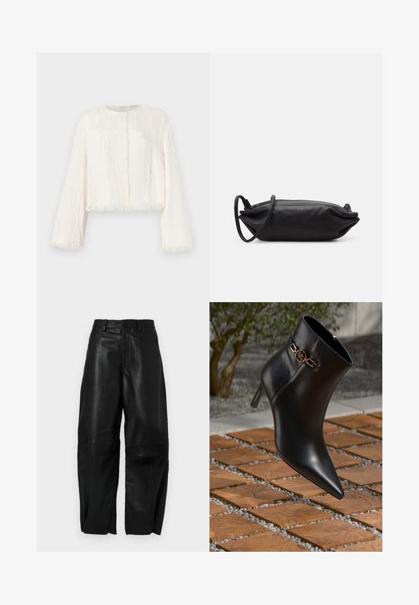 Hvid langærmet cropped jakke med subtil lodret tekstur og frynset kant på ærmer, bund og frontåbning.; Sorte læderbukser med en løs pasform, der har en lige ben-design, forlommer og synlige syningsdetaljer.; Sort læder ankelstøvle med spids tå og lille hæl. Har en gylden kædeaccent om anklen. Omgivet af en tekstureret stensurface.; Sort læder clutch taske med rektangulær form, glat tekstur, tynd skulderrem og minimalistisk design.