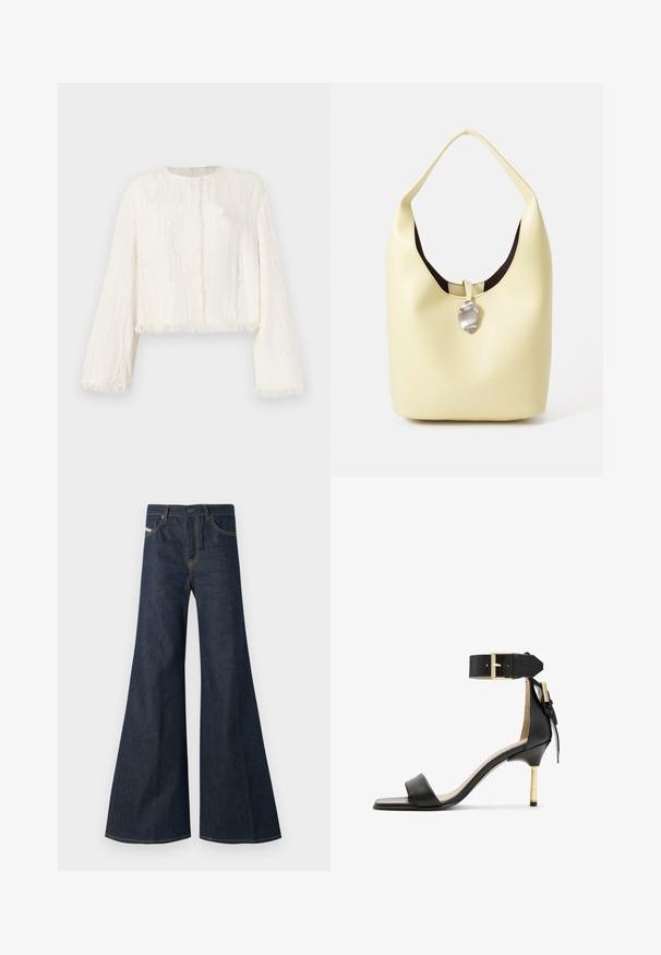 White long-sleeve cropped jacket with subtle vertical texture and frayed edges on cuffs, hem, and front opening.; Dark blue flared jeans made of denim, featuring a high waist, gold stitching accents, and two front pockets with a button closure.; Black leather heeled sandal with a square toe, ankle strap featuring a gold buckle, and a slender metallic heel. Smooth texture, minimalist design.; Hobo bag in soft yellow leather with a rounded shape. Features a smooth finish, dark inner lining, and a silver-toned accent at the closure.