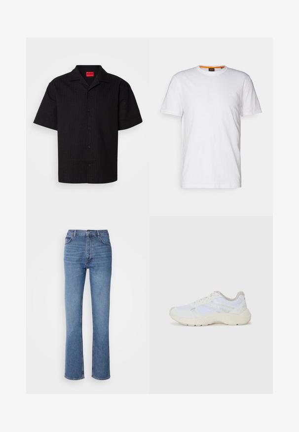 Czarna koszula na krótki rękaw z guzikami, o fakturowanym wzorze, z kołnierzykiem w szpic i metką z logo w kolorze czerwonym, z widocznymi guzikami na plisie.; Biała bawełniana koszulka z okrągłym dekoltem, krótkimi rękawami oraz subtelnie wytłoczonym logo na klatce piersiowej. Wewnętrzna metka ma pomarańczowy akcent.; Niebieskie dżinsy o wysokim stanie, prostym kroju nogawek i subtelnych przetarciach. Posiadają klasyczny pięciopakowy styl oraz zamek błyskawiczny.; Białe sportowe buty wykonane z siateczki i zamszu, z teksturowaną podeszwą środkową, teksturowanymi akcentami i logo "HUGO" z boku.