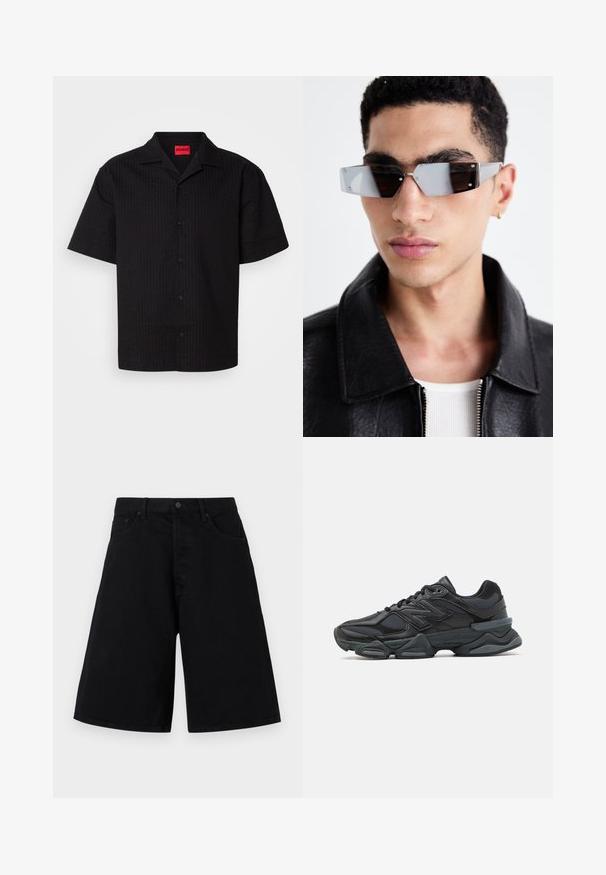 Camicia nera a maniche corte con bottoni, caratterizzata da un motivo testurizzato, colletto a punta e etichetta di marca rossa, con bottoni visibili lungo la pattina.; Shorts in denim nero con una vestibilità comoda, caratterizzati da un classico design a cinque tasche e chiusura con bottone, texture liscia e taglio dritto.; Scarpa da corsa nera con una combinazione di materiali in rete e sintetici, suola spessa, design curvo e marchio ben visibile sul lato.; Occhiali da sole angolari con tonalità grigia e hardware in argento, su uno sfondo chiaro. Le lenti presentano una forma geometrica unica.