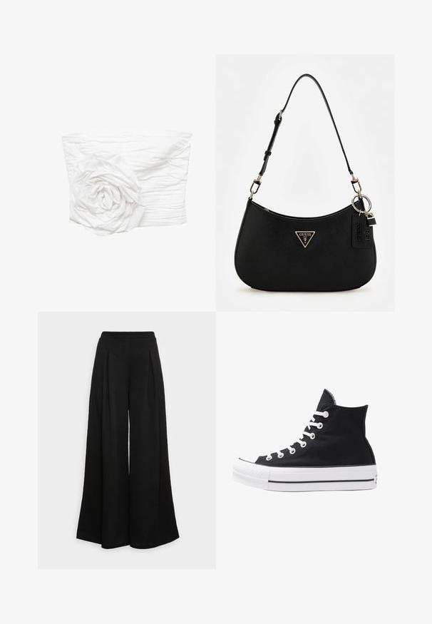 Mango Top - off-white; Bredde sorte bukser lavet af et blødt stof, med frontfolder og høj talje, som sikrer en svævende silhuet.; Højtop sort lærredssko med hvide øjetter, snørebånd og gummisål. Har en tekstureret tåhætte og sorte og hvide stribe-accenter.; Sort syntetisk skuldertaske med en buet silhuet, tekstureret overflade, gyldent trekantet logo og aftagelige hardware-detaljer.