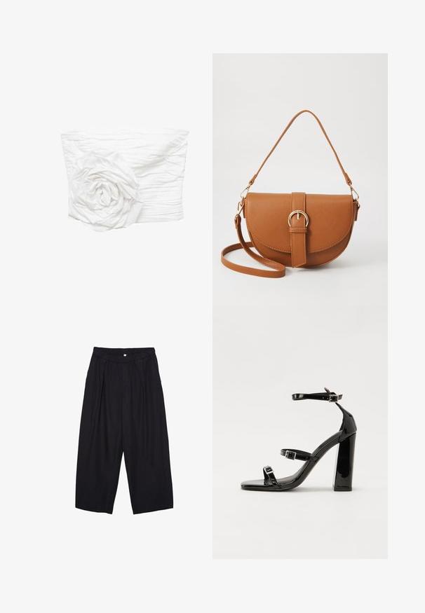 Mango Toppi - off-white; Musta polyesterinen culotte-housut, jossa on joustava vyötärö, kaksi etupleettiä ja löysä siluetti. Ei näkyviä kuvioita tai metallisia yksityiskohtia.; Musta kiiltävä korkokenkä sandaalit neliönmuotoisella varpaalla, nilkkaremmillä ja hopeisilla soljilla. Varustettu tukevalla lohkokorkealla vakauden takaamiseksi.; Ruskean nahkainen olkalaukku, jossa on kaareva muoto, kultaiset yksityiskohdat ja solkiyksityiskohta. Varustettu irrotettavalla olkahihnalla.