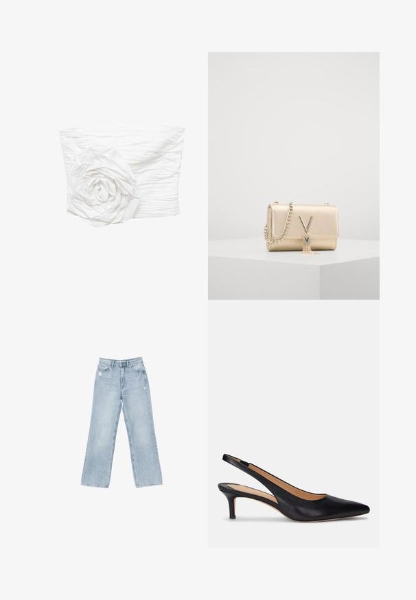 Mango Top - off-white; Lyseblå denimjeans med bred benåbning, slidte detaljer, fem-lomme design og lynlåslukning.; Sorte læder slingback pumpe med spids tå, lav kitten hæl og glat tekstur. Har et åbent bagdesign og minimale syningsdetaljer.; Guldmetalisk håndtaske med en tekstureret overflade, der har en kædestrop og en V-formet lås med en franje detalje. Kompakt rektangulær form.