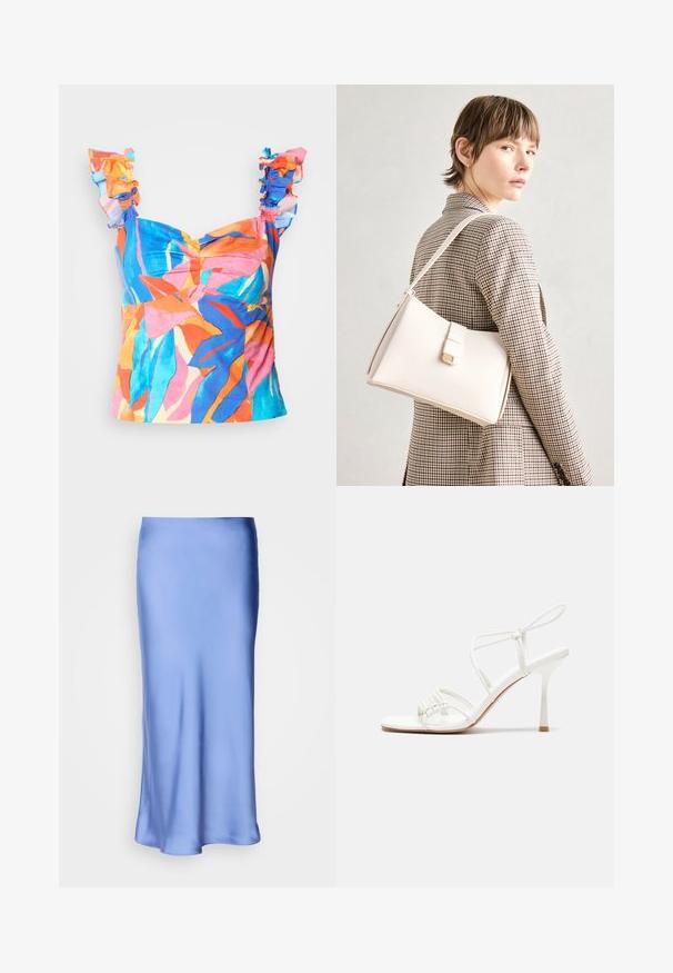 Krāsains, rakstains blūze ar frillētām plecu siksnām. Izgatavota no gludas auduma, kas piedāvā dzīvīgas oranžas, zilas un rozā krāsas.; Asimetrisks balts topls ar vienu plecu, izgatavots no gludas auduma, ar pieguļošu siluetu un tīrām malām.; Satin zila midi svārki ar gludu, spīdīgu virsmu. Izplūdušā silueta, apakšmalai maigi izliekoties, uzsverot tās plūstošo dizainu.; Baltas striķu augstpapēžu sandales ar plakanu pirkstu daļu, teksturētu priekšpusi ar saveltiem akcentiem un šauru potītes siksniņu.; Balta ādas rokassoma ar strukturētu dizainu, kurai ir magnētiska aizdare un plecu josta, parādīta uz neitrāla fona.; Sudraba metāla auskari ar viļņainu, skulpturālu dizainu, kas izceļas ar pulētu apdari un neregulārām formām, uzsverot mūsdienīgu estētiku.
