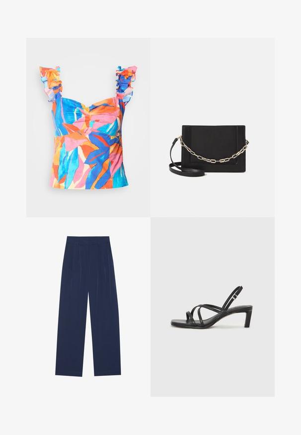 Színes, mintás felső fodros vállpántokkal. Simává varrott anyagból készült, vibráló narancssárga, kék és rózsaszín árnyalatokkal.; Sötétkék, bő szárú nadrág puha anyagból, elől redőkkel, sima textúrával, egyenes szabással, látható zsebek nélkül.; Fekete pántos szandál négyzetes orral és alacsony blokk sarkal. Több vékony pánttal és állítható boka pánttal rendelkezik. Sima bőrből készült.; Fekete bőr keresztpántos táska, sima textúrával, téglalap alakú és fém lánc részlettel az elején. Állítható pánttal ellátva.