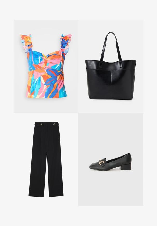 Colorful, patterned top with ruffled shoulder straps. Made from a smooth fabric featuring vibrant shades of orange, blue, and pink.; Black wide-leg trousers with high waist, button details on waistband, and front pleats.; Black leather loafers with a flat heel, featuring a decorative gold hardware detail on the front and a smooth texture.; Black leather tote bag with two long handles, a smooth texture, and a structured shape. Features a front pocket for additional storage.