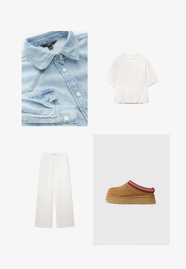 Világoskék farmerdzseki klasszikus gallérral, ezüstgombokkal és mellzsebbel; enyhén megkopott textúrával és varrási részletekkel rendelkezik.; Fehér, rövid ujjú, kerek nyakú póló, raglán ujjal és finom varrás részletezéssel az elején és a vállakon, síkban elhelyezve fehér háttéren.; Laza, fehér, bőszárú nadrág, rugalmas derékkal és húzózárral, kényelmes viseletre tervezve.; Barna velúr slip-on cipő piros és krém mintás díszítéssel, textúrált talppal és UGG logóval az oldalon. Könnyű platformmagassággal rendelkezik.