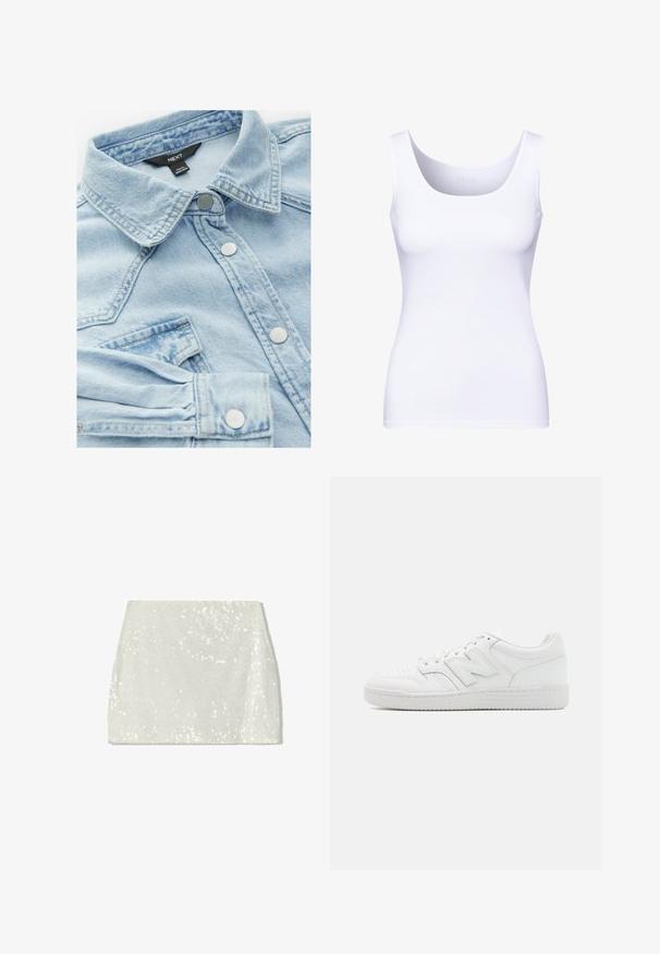 Giacca di jeans azzurro chiaro con colletto classico, bottoni argentati e taschino sul petto; presenta una texture leggermente sbiadita e dettagli di cucitura.; Canottiera bianca con scollatura rotonda e spalline spesse. Realizzata in tessuto liscio e elastico, presenta una silhouette aderente.; Bershka Gonna a campana - white; Sneaker bianco realizzato in pelle liscia, con punta perforata, suola in gomma testurizzata, lacci piatti e un prominente logo 'N' sul lato.