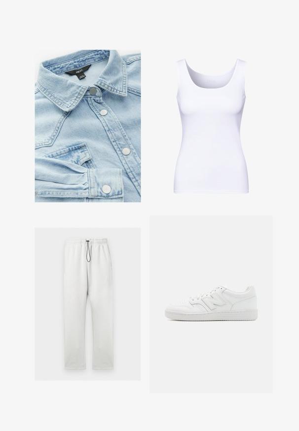 Lichtblauwe denimjack met een klassieke kraag, zilveren knopen en een borstzak; heeft een licht vervaagde textuur en stikdetails.; Witte tanktop met een ronde halslijn en dikke bandjes. Gemaakt van een soepele, rekbare stof, met een getailleerde pasvorm.; Lichte grijze joggingbroek van zacht materiaal, met een elastische tailleband en een zwarte trekkoord, in een rechte pasvorm. Geen zakken.; Witte sneaker van glad leer, met geperforeerde neus, een gestructureerde rubberen zool, platte veters en een prominente 'N' logo aan de zijkant.