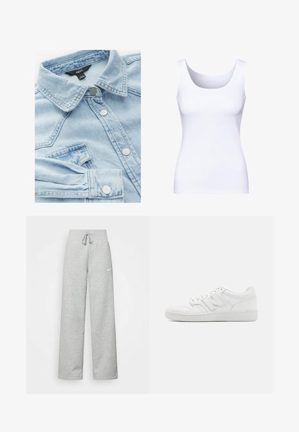 Giacca di jeans azzurro chiaro con colletto classico, bottoni argentati e taschino sul petto; presenta una texture leggermente sbiadita e dettagli di cucitura.; Canottiera bianca con scollatura rotonda e spalline spesse. Realizzata in tessuto liscio e elastico, presenta una silhouette aderente.; Pantaloni tuta grigi con vita elastica, dettaglio con cordino e piccolo logo Nike bianco sulla coscia sinistra. Tessuto morbido, vestibilità ampia.; Sneaker bianco realizzato in pelle liscia, con punta perforata, suola in gomma testurizzata, lacci piatti e un prominente logo 'N' sul lato.
