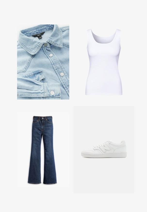 Jasnoniebieska dżinsowa kurtka z klasycznym kołnierzykiem, srebrnymi guzikami i kieszenią na piersi; cechuje się lekko wyblakłą teksturą oraz detalami przeszycia.; Biała koszulka na ramiączkach z okrągłym dekoltem i grubymi ramiączkami. Wykonana z gładkiego, elastycznego materiału, o dopasowanym kroju.; Jeansy z wysokim stanem w ciemnoniebieskim kolorze, z rozszerzanymi nogawkami, zapinane na guzik i zamek, z pięcioma kieszeniami.; Białe sneakersy z gładkiej skóry, z perforowanym noskiem, teksturowaną gumową podeszwą, płaskimi sznurówkami i wyraźnym logo 'N' z boku.
