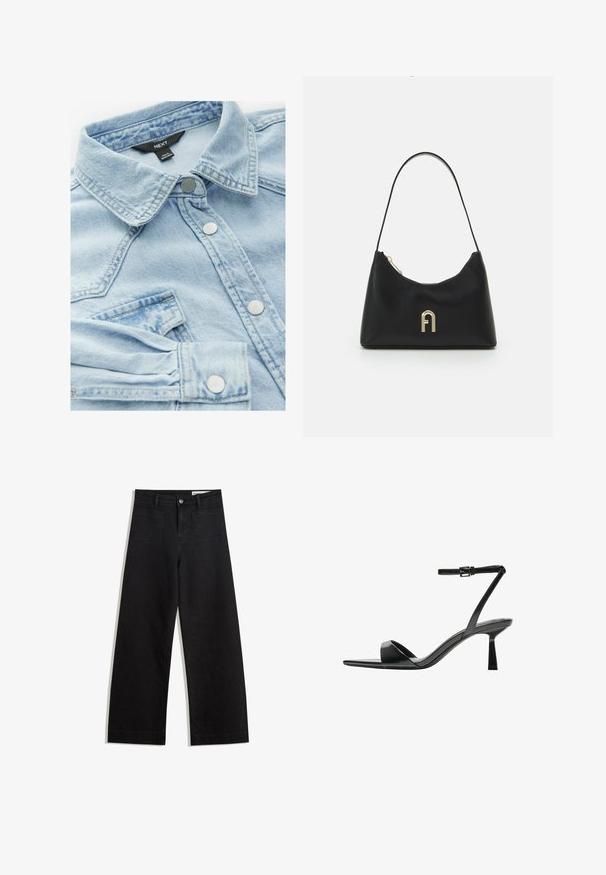 Giacca di jeans azzurro chiaro con colletto classico, bottoni argentati e taschino sul petto; presenta una texture leggermente sbiadita e dettagli di cucitura.; Pantaloni in denim neri a gamba larga con vita alta, dotati di tasche anteriori e posteriori, cuciture a punto, e chiusura con bottone. Texture liscia.; Bershka Sandali con tacco - black; Borsa nera realizzata in materiale liscio, con una forma curvata, una sola tracolla e un accento in logo color oro sulla parte anteriore.