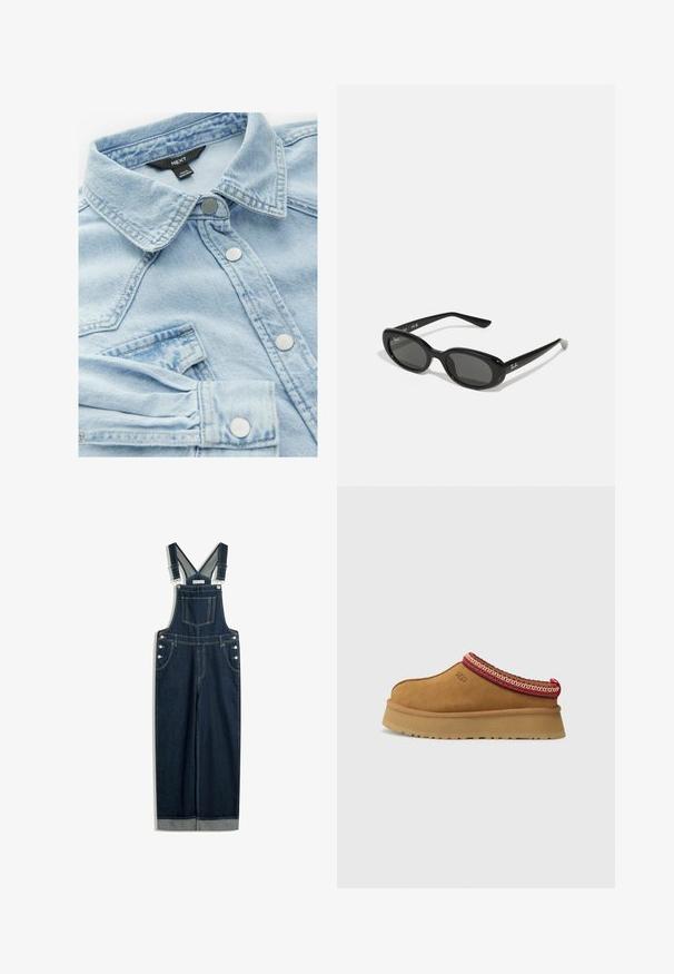 Helleblaues Jeansjacke mit einem klassischen Kragen, silbernen Knöpfen und einer Brusttasche; verfügt über eine leicht verblasste Textur und Nähdetails.; Dunkelblaue Denim-Latzhose mit verstellbaren Trägern, einer Vordertasche, seitlichen Knöpfen und einem weiten Beinprofil mit umgeschlagenem Saum.; Braune Wildleder-Slipper mit rot-creamfarbenem gemusterten Besatz, strukturiertem Absatz und UGG-Logo an der Seite. Verfügt über eine leichte Plattformhöhe.; Schwarze Sonnenbrille mit ovalen Gläsern, glänzendem Kunststoffrahmen und schlanken Bügeln. Mit Ray-Ban-Logo in Weiß an der Seite.