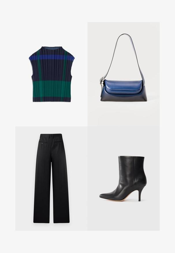 Pleated short-sleeve top featuring dark blue, green, and navy stripes. Made of lightweight fabric with a textured finish.; Black wide-leg trousers featuring a flat front, two back pockets with buttons, and a smooth texture. Tailored design with a straight cut.; Black leather ankle boot with pointed toe, slim stiletto heel, and smooth texture. Minimalist design with no visible hardware or accents.; Navy leather handbag with a smooth finish, featuring a rounded shape, folded top, and a single shoulder strap. Silver hardware accent included.