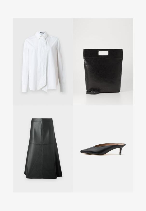 White button-up shirt with long sleeves, featuring a large bow at the collar, made from smooth fabric with a crisp texture.; Black leather A-line skirt, smooth texture, mid-calf length, features horizontal stitching detail at the waist and seams for added structure.; Black leather mules with a pointed toe and low, block heel. Smooth texture with a sleek design. Open back with minimal detailing.; Black leather tote bag with a square handle, featuring a textured finish and embossed logo. Includes a detachable strap.