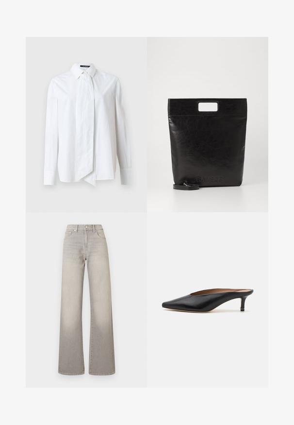 White button-up shirt with long sleeves, featuring a large bow at the collar, made from smooth fabric with a crisp texture.; Gray wide-leg jeans with a faded finish, button closure, five-pocket design, and stitched detailing along the seams.; Black leather mules with a pointed toe and low, block heel. Smooth texture with a sleek design. Open back with minimal detailing.; Black leather tote bag with a square handle, featuring a textured finish and embossed logo. Includes a detachable strap.