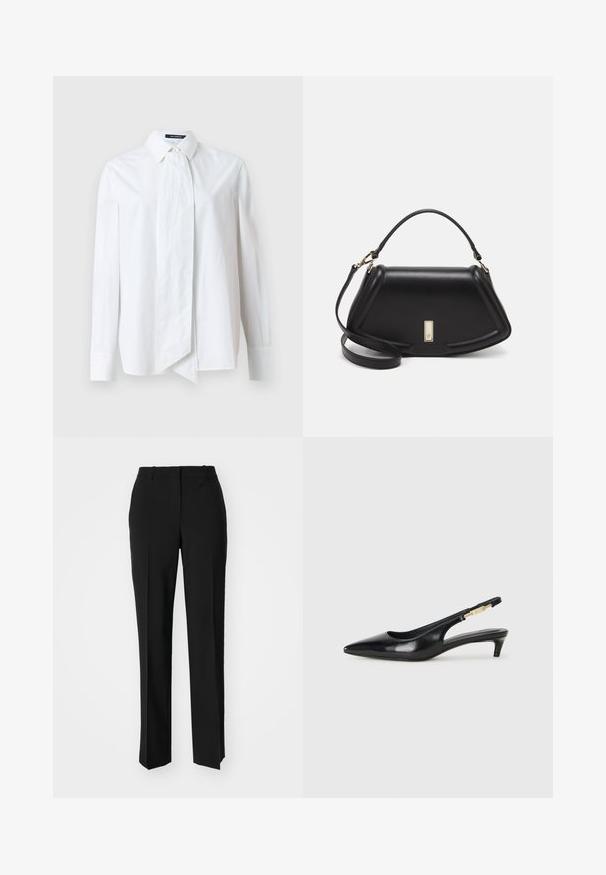 White button-up shirt with long sleeves, featuring a large bow at the collar, made from smooth fabric with a crisp texture.; Black tailored trousers with a straight-leg design, featuring a smooth texture and crisp creases along the front. No visible hardware.; Black leather slingback heels with a pointed toe, featuring a slim heel and a gold-tone accent on the adjustable strap. Smooth texture.; Black leather handbag with a structured design, featuring a cropped shape, top handle, and gold hardware accent. Adjustable shoulder strap included.