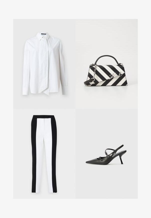 Camicia bianca con bottoni e maniche lunghe, decorata con un grande fiocco all-collo, realizzata in tessuto liscio con una texture fresca.; Pantaloni tapered bianco e nero che presentano una vestibilità slim con pannelli a contrasto. Il tessuto ha una texture liscia; la vita è piatta e aderente.; Scarpe slingback nere in pelle con punta affilata, tacco sottile e dettaglio decorativo a fibbia sulla tomaia. Texture liscia e design elegante.; Borsa a righe bianche e nere con una forma strutturata, dotata di manico superiore, tracolla a catena staccabile e dettaglio logo metallico.