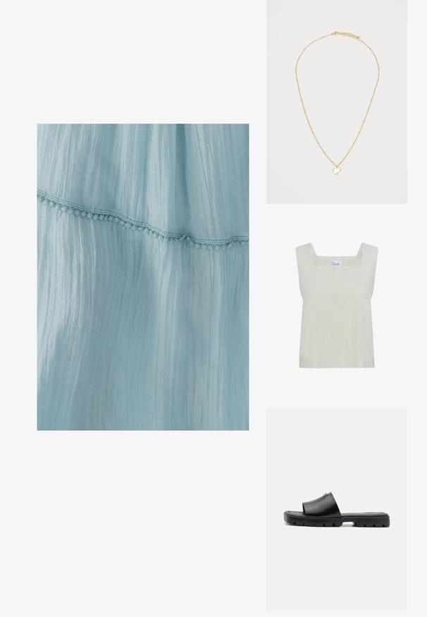 Svetlo bež brezrokavnik s kvadratnim izrezom, izdelan iz teksturirane tkanine, z enostavnim dizajnom in ravnim robom.; Svetlo modra obleka iz gubane tkanine, ki ima dekorativni čipkast obrob. Tekstura je mehka in zračna.; Črne mule s gladkim, mat usnjem zgoraj in debelim, teksturiranim gumijastim podplatom. Opazna zlata dodatna oprema na zgornjem delu. Preprost, odprt dizajn.; Mehakana temno rjava torbica iz umetnega krzna z zbranim vrhom in črnimi vrvicami na obeh straneh.; Zlati ogrlica z drobno verižico in majhnimi, enakomerno razporejenimi biseri ter okroglo obesek. Obesek ima gladko, odbojno površino.