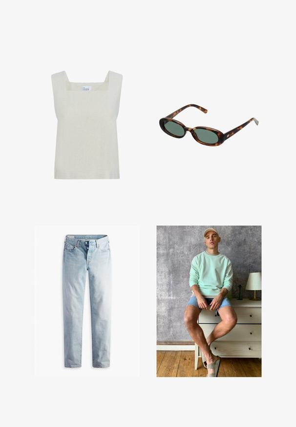 Jasno beżowy top bez rękawów z kwadratowym dekoltem, wykonany z teksturowanej tkaniny, o prostym fasonie i prostym wykończeniu.; Jasnoniebieskie dżinsy o prostym kroju nogawki, z dwiema kieszeniami z przodu i dwiema z tyłu. Posiadają zapięcie na dwa guziki i subtelne przeszycia.; Miętowy sweter, dżinsowe szorty i oliwkowe buty wsuwane. Siedząc na jasnym komodzie przy teksturowanej szarej ścianie.; Okulary przeciwsłoneczne w kolorze tortoise z owalnymi oprawkami i zielonymi soczewkami. Posiadają cienkie zauszniki z metalowym akcentem przy zawiasach.
