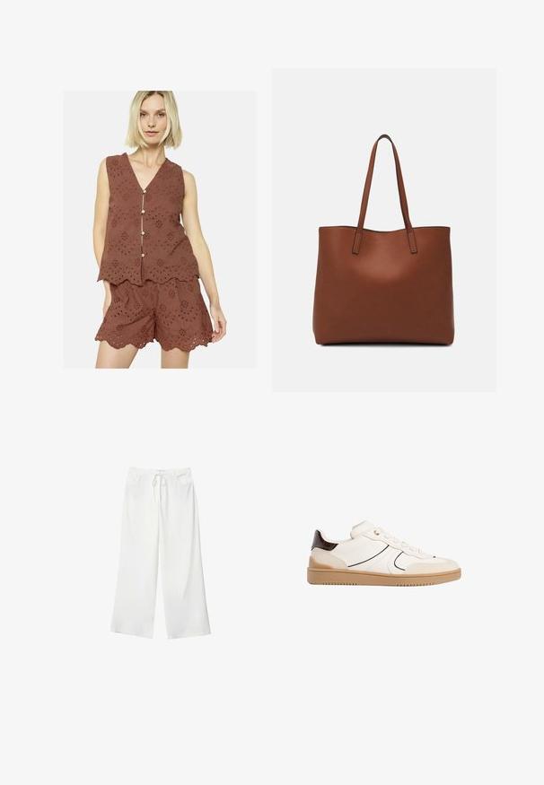 Rjava brezrokavnik s scalloped robom, izvezenimi vzorci in gumbom, v kombinaciji z ustreznimi kratkimi hlačami, ki imajo podoben dizajn.; Bela široka hlače iz mehkega materiala, z vrvico v pasu in dvema sprednjima žepoma. Gladek texture in brez vidnih vzorcev.; Stradivarius Športni copati - white; Rjava usnjena torba z gladko teksturo, odprto zasnovo zgoraj in dvema naramnima trakovoma. Opremljena je z minimalnim šivanjem in brez vidnih kovinskih delov.