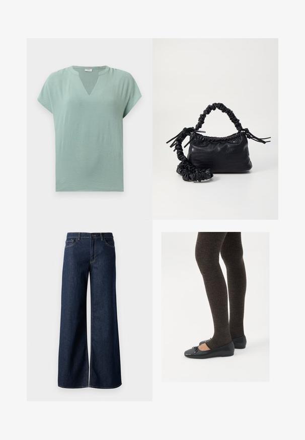 Blusa mint green a maniche corte con scollo a V e una finitura testurizzata. Tessuto morbido con vestibilità rilassata e drappeggio sottile.; Jeans a gamba larga in denim blu scuro. Presentano cuciture a contrasto, cinque tasche e una chiusura con bottone in vita. Texture morbida.; Scarpe nere a flat con un piccolo fiocco sulla punta, abbinate a collant a coste marrone scuro. Le scarpe hanno una texture liscia e un profilo basso.; Borsa a tracolla in ecopelle nera con texture a coccodrillo, apertura cinchata e tracolla arricciata. Si presenta con un design morbido e compatto.