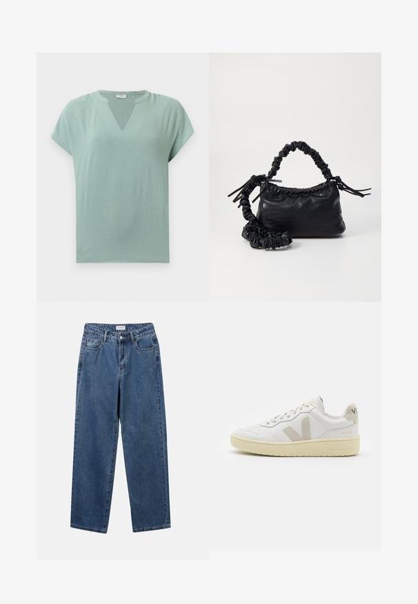 Mentazöld, rövid ujjú blúz V-nyakkal és textúrált felülettel. Puha anyag, laza fazon és diszkrét redők jellemzik.; Klasszikus kék farmernadrág egyenes szárú dizájnal, öt zsebbel és gombos zárással. Közepes mosású és strapabíró textúrával rendelkezik.; Fehér bőr sneaker bézs velúr részletekkel, perforált orr résszel, lapos fűzőkkel és textúrált krémszínű talppal. Finom márkajelzés található a sarkán.; Fekete műbőr kézi táska krokodil bőr textúrával, összehúzható tetejű és gyűrt pánttal. Lágy és kompakt dizájnúnak tűnik.