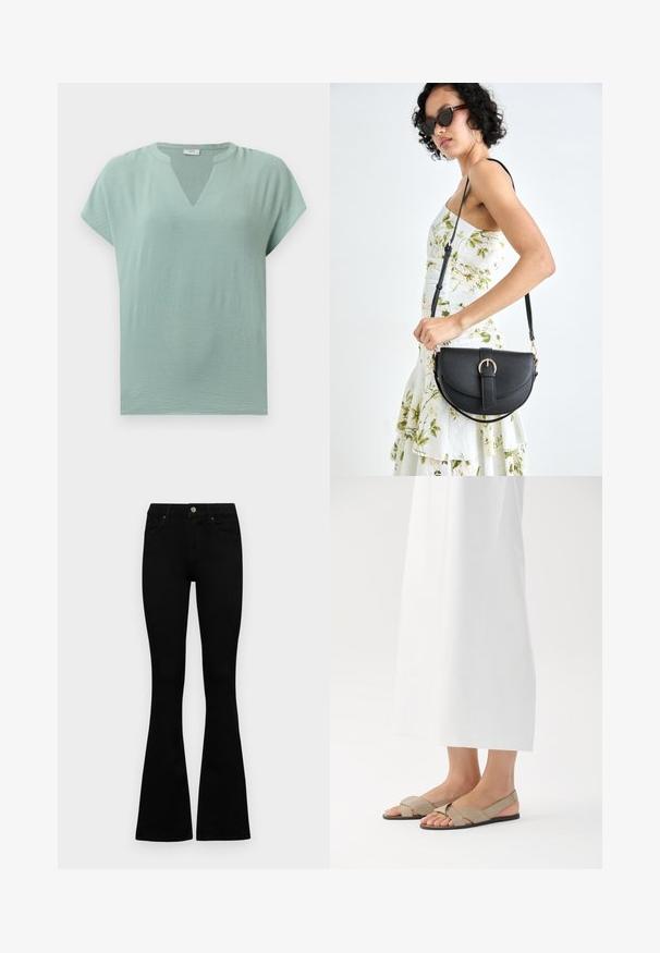 Blusa mint green a maniche corte con scollo a V e una finitura testurizzata. Tessuto morbido con vestibilità rilassata e drappeggio sottile.; Jeans neri a vita alta con chiusura a bottoni e zip, tasche frontali e gambali svasati, distesi su uno sfondo bianco.; Sandali in pelle beige con design a tracolla incrociata e suola nera, caratterizzati da punta aperta e stile con slingback. Ambientati su uno sfondo bianco.; Borsa a tracolla nera in pelle con una forma curva, manico rimovibile e accessori dorati. La borsa presenta una patta con un dettaglio a fibbia.