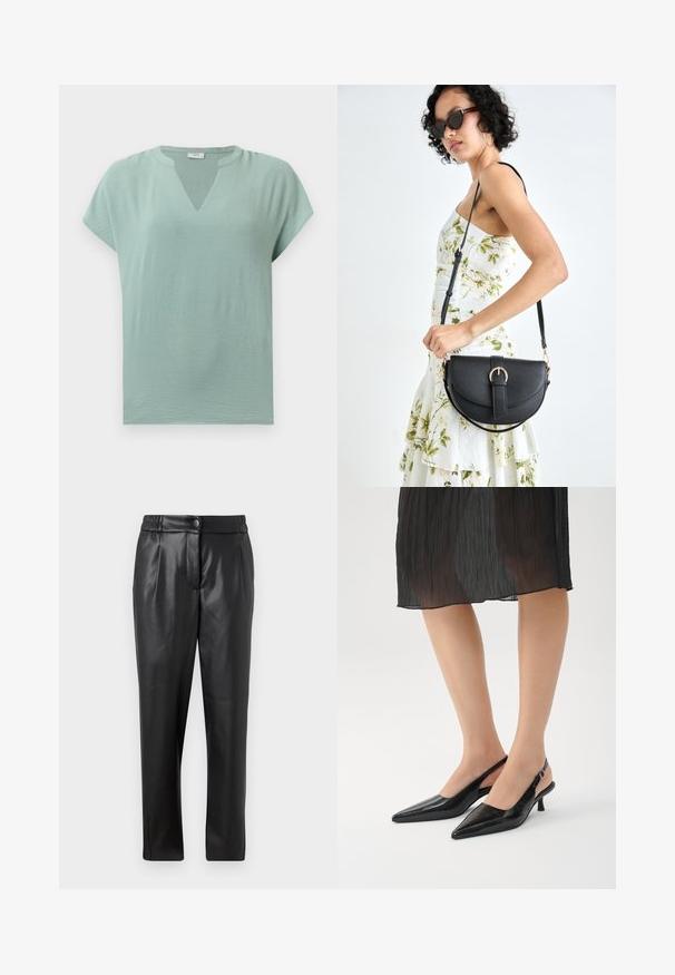 Mündroheline lühikeste varrukatega bluus V-kaelusega ja tekstuuriga viimistlusega. Pehme kangas, lõdva lõike ja peene kukkumisega.; Mustad nahkpüksid, millel on sile tekstuur, sirge lõige, elastne vöökoht ja esine nupuga sulgemine; volditud detailid ja kitsenevad sääred.; Mustad, terava nina ja läikiva viimistlusega slingback kontsad, millel on kitsas konts ja avatud selg. Ülemine materjal on tekstuuriga.; Mustmust mustraha kõverate joontega, eemaldatava rihmaga ja kuldsete detailidega. Kotil on klapp, millel on pandladetail.