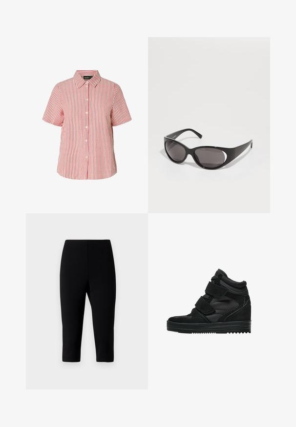 Short-sleeve button-up shirt in red and white vertical stripes, featuring a pointed collar and a relaxed fit with textured fabric.; Black capri pants made of stretchy fabric, featuring a fitted design that ends just below the knee with a smooth texture and no visible seams.; Black high-top sneakers made of suede and mesh, featuring Velcro straps, a smooth finish, and a textured rubber sole for traction.; Black sunglasses with oval lenses and a sleek design. The frames are glossy and wide, featuring a cut-out detail on the sides.; Black leather handbag with braided handles, zipper pocket, and hanging tassels. Textured surface with metal studs and hardware accents.