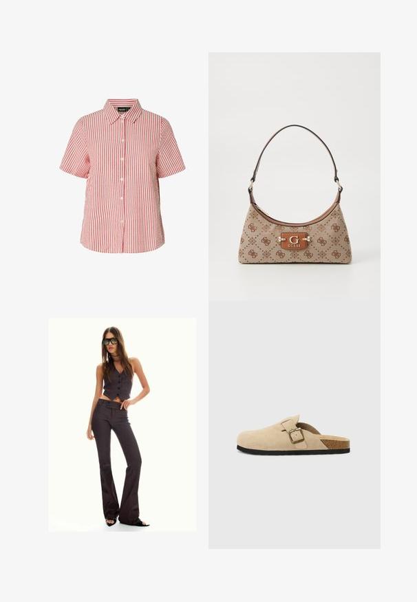 Košile na knoflíky s krátkým rukávem v červenobílých svislých pruzích, s špičatým límcem a volným střihem vyrobená z texturované látky.; Hnědý pruhovaný zkrácený vest a rozšířené kalhoty, s knoflíky a texturovanou látkou. Černé otevřené boty na podpatku a oversized sluneční brýle.; Béžové semišové klouzavé dřeváky s korkovou stélkou, zaoblenou špičkou a jednoduchým páskem s kovovou sponou v zlatém tónu. Gumová podrážka pro lepší přilnavost.; Plátěná taška v béžové barvě s hnědými vzorovanými akcenty. Má zakřivený tvar, jeden popruh a na přední straně logovou destičku se stříbrným kováním.