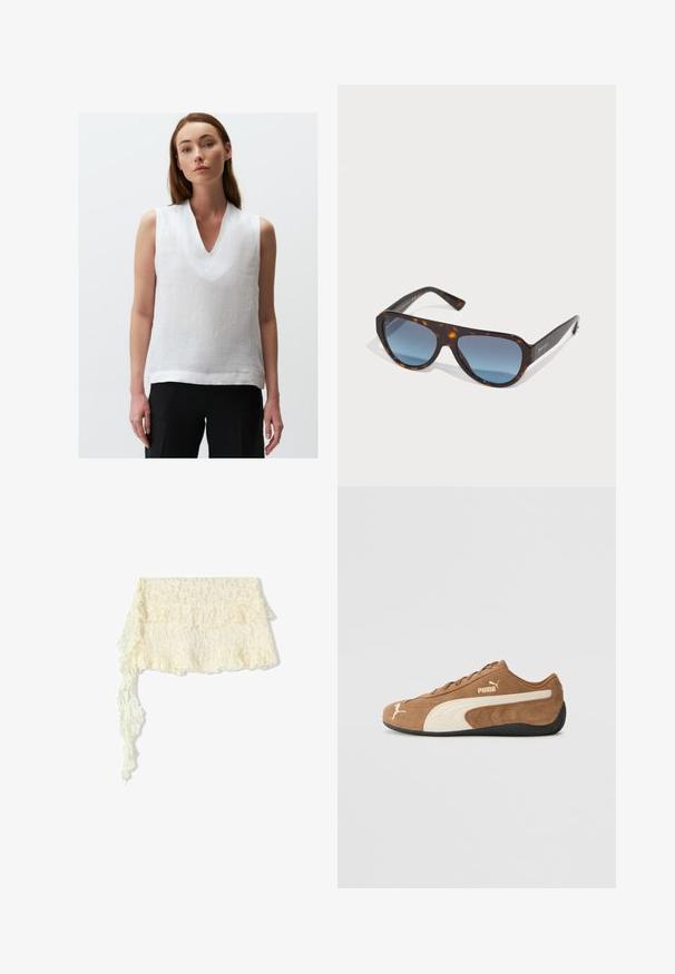 Top sans manches blanc en lin, avec un décolleté en V et une coupe décontractée. Le tissu présente une apparence légère et texturée.; Châle en dentelle ivoire avec des bords ondulés ; présente des motifs floraux intricats ; coule doucement avec une longue traînée.; Baskets basses en daim marron avec des accents crème, surface texturée, semelle en caoutchouc noir et logo brodé sur le côté et la languette.; Lunettes de soleil en écaille de tortue avec des verres gris foncé dégradés, monture robuste et larges branches. Logo de la marque sur le côté ; finition polie.; Sac à main en cuir verni marron de forme rectangulaire, avec deux longues poignées et des accents courbés subtils à l'avant.