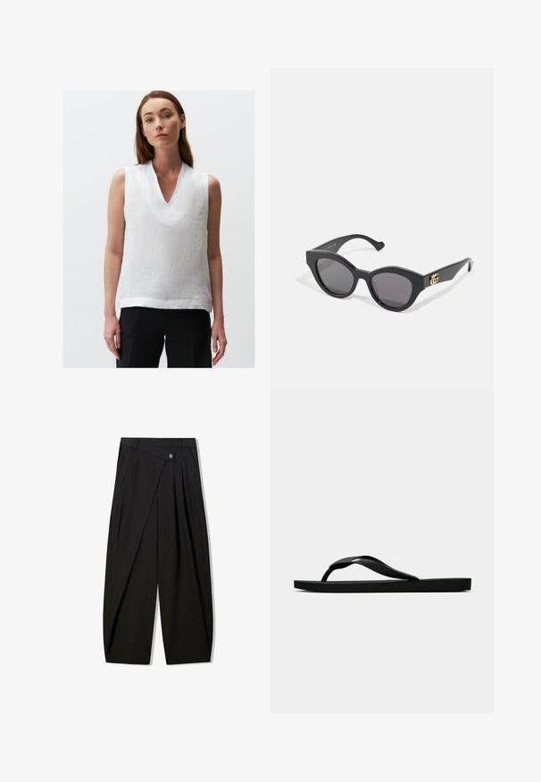 White sleeveless top made of linen, featuring a V-neckline and a relaxed fit. The fabric has a light, textured appearance.; Black wide-leg trousers crafted from smooth fabric, featuring front pleats, a button closure, and a tailored design for a structured silhouette.; Black rubber flip-flop sandal with a textured thong strap and simple flat sole, shown from side on a plain light background.; Black sunglasses with an angular cat-eye shape, featuring dark tinted lenses. Gold logo accent on the temple. Smooth plastic frame.