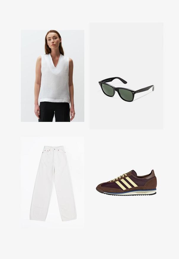Witte mouwloze top van linnen, met een V-hals en een relaxte pasvorm. De stof heeft een lichte, gestructureerde uitstraling.; Witte wijde jeans van denim, met vijf zakken, koperen details en een knoopsluiting aan de voorkant. Glad textuur en rechte snit.; Bruine en bordeauxkleurige sneaker van suede en mesh materiaal, met drie crèmekleurige strepen, een gemêleerd stof op de tong en een rubberen zool.; Zwarte plastic zonnebril met groene lenzen, vierkante montuur, zilveren accent op de wenkbrauw en een gestructureerde tempel. Merken vermeld op de binnenkant van de arm.; DRAGON DIFFUSION MINI FLAT GORA - Handtas - dark brown