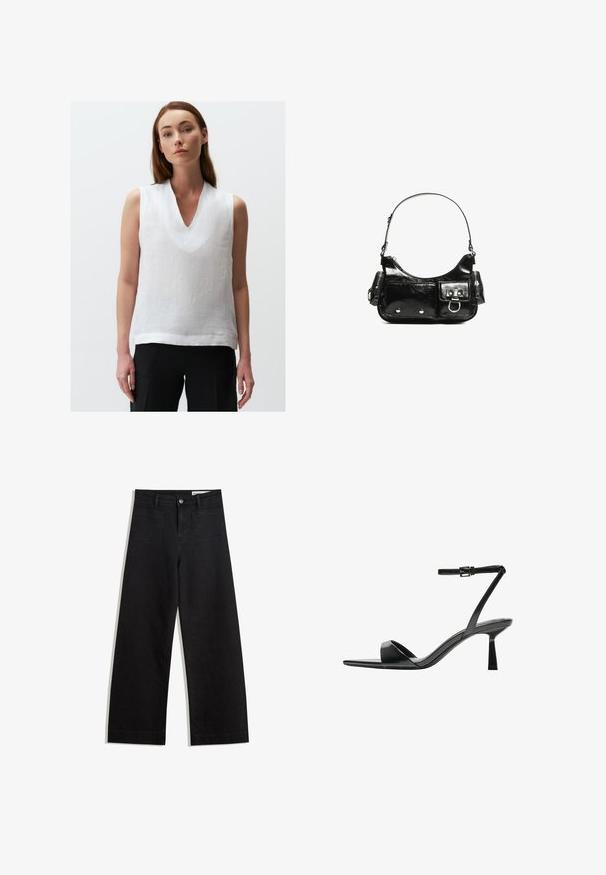 Top bianco senza maniche in lino, con scollatura a V e vestibilità rilassata. Il tessuto ha un aspetto leggero e texture.; Pantaloni in denim neri a gamba larga con vita alta, dotati di tasche anteriori e posteriori, cuciture a punto, e chiusura con bottone. Texture liscia.; Bershka Sandali con tacco - black; Borsa a spalla in vernice nera con forma curvata, una tracolla, tasche frontali e dettagli in metallo argentato.