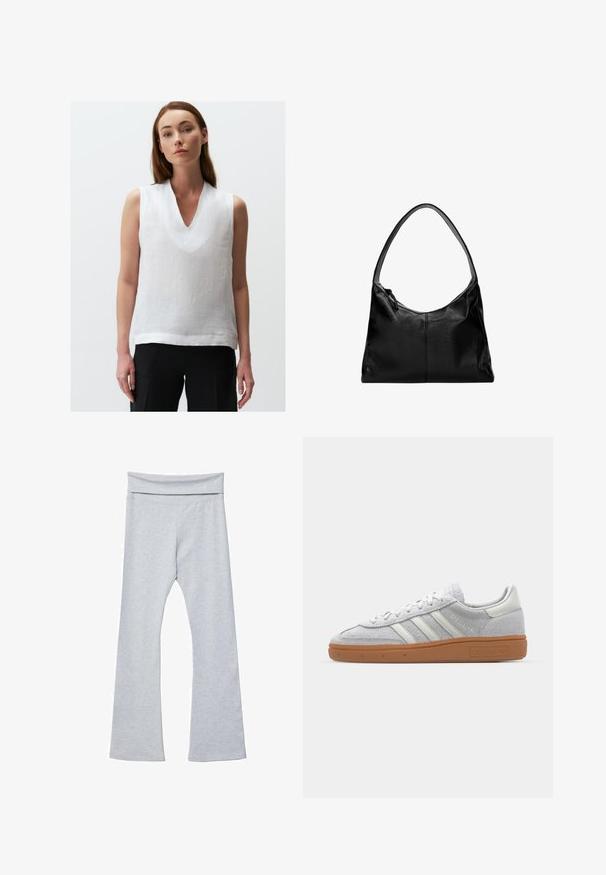 White sleeveless top made of linen, featuring a V-neckline and a relaxed fit. The fabric has a light, textured appearance.; Gray flared leggings with a wide, soft waistband, made from a smooth, stretchy fabric. Features a fitted shape and ankle-length cut.; Light grey suede sneaker with white leather accents, three white stripes, and a brown rubber sole, featuring a padded collar for comfort.; Black leather shoulder bag with a smooth texture, a curved top, and a single strap. Features a zipper closure and minimalist design.