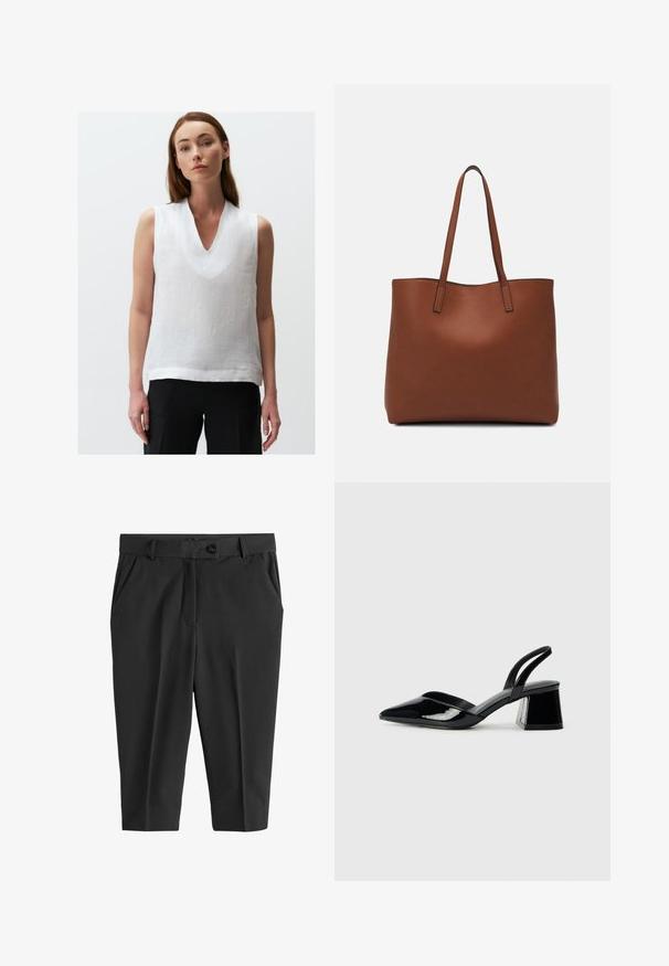 Biała bezrękawnik wykonana z lnu, z dekoltem w kształcie litery V i luźnym krojem. Tkanina ma lekką, teksturowaną powierzchnię.; Czarne spodnie o dopasowanym kroju z fałdami z przodu, z zapięciem na guzik i kieszeniami bocznymi. Gładki materiał, skrócona długość i strona sylwetka.; Czarne lakierowane półbuty na obcasie z wydłużonym noskiem i geometrycznym słupkiem. Charakteryzują się eleganckim, minimalistycznym designem oraz gładką fakturą.; Brązowa skórzana torba tote o gładkiej fakturze, z otwartym wierzchem i dwoma ramiączkami. Charakteryzuje się minimalnym przeszyciem i brakiem widocznych elementów metalowych.