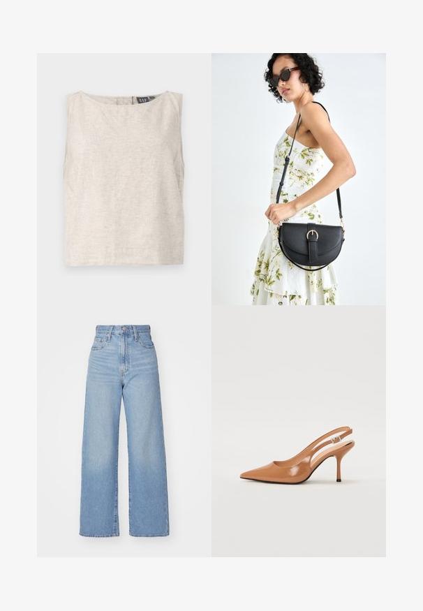 Heledbeez, ilma varrukat top, mis on valmistatud linast. Omab ümarat kaelust ja lahtist istuvust. Lihtne disain, ilma nähtavate mustrite või riistadega.; Heledad sinine kõrge vöökohaga laiad teksad, ees nupp ja tõmblukk, ees ja taga taskud, valge tausta peal.; Küüntega slingback konts, mis on valmistatud siledast ja läikivast tan värvi materjalist. Omab kaarjat lõigatud disaini ja õhukest stiletto kontsa. Hõbedane pandla detail.; Mustmust mustraha kõverate joontega, eemaldatava rihmaga ja kuldsete detailidega. Kotil on klapp, millel on pandladetail.