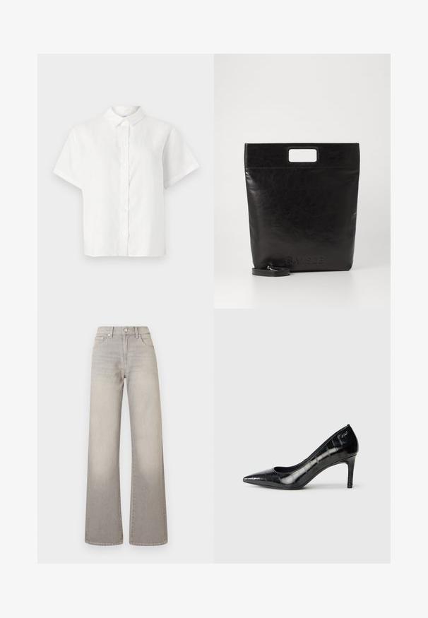 Weißes Kurzarmhemd aus Leinen mit spitzem Kragen und Knopfleiste. Hat einen lockeren Schnitt und eine glatte Textur.; Graue weit geschnittene Jeans mit einem verblassten Finish, Knopfverschluss, fünf Taschen und gestickten Details entlang der Nähte.; Schwarze spitz zulaufende High Heels mit glänzender Oberfläche und subtilem Texturmuster. Verfügt über einen moderaten Absatz und ein offenes Schlüpfen-Design.; Schwarze Leder-Tote-Tasche mit einem quadratischen Griff, ausgestattet mit einer strukturierten Oberfläche und geprägtem Logo. Inklusive abnehmbarem Tragegurt.