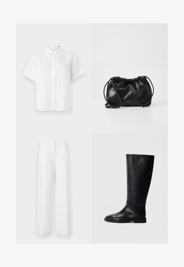 Hvit kortermet skjorte laget av lin med spiss krage og knopplukking foran. Har en avslappet passform og glatt tekstur.; Hvite brede bukser med glatt tekstur, med flat front og pressede folder. Laget av lett materiale, uten synlige mønstre.; Sorte skinnhøye støvler med rund tå, glatt tekstur, minimalistisk design og flat såle. Enkle sømdetaljer på skaftet.; Svart lærveske med samlet design, dobbel snoråpning og avtagbar skulderrem. Har metallisk logodetalj.