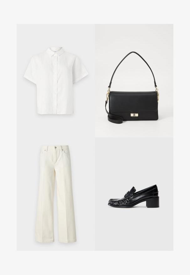 Balta trumpa rankovėmis marškiniai, pagaminti iš lino, su smailiu apykakle ir sagčių užsegimu. Dėl laisvo kirpimo ir lygaus paviršiaus.; Platūs balti džinsai, pagaminti iš medvilnės mišinio. Yra užtrauktukas, penkių kišenių dizainas ir siūlės išsiuvinėjimas.; Juodi odiniai loafersai su raukšlėta priekiu, apvaliu pirštu ir blokuotu kulnu. Yra dekoratyvi juostelė ir siuvimo detalės palei kraštus.; Juodas odinis rankinė, stačiakampio formos, su auksiniu užsegimu, viršutine rankena ir nuimamu petiniu dirželiu. Lygus paviršius.