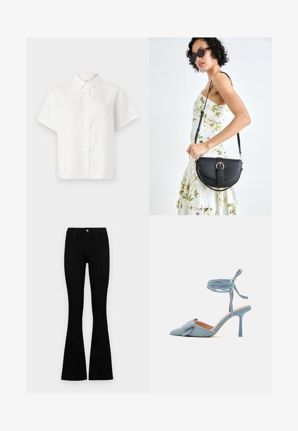 White short-sleeve shirt made of linen with a pointed collar and button-down front. Features a relaxed fit and smooth texture.; Black high-waist jeans with a button and zip closure, front pockets, and flared legs laid flat on a white background.; Pointed-toe high heel shoe in light blue fabric with a textured finish, featuring a bow accent and ankle strap for secure fit.; Black leather handbag with a curved shape, detachable strap, and gold hardware. The bag features a flap with a buckle detail.