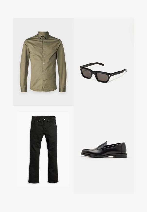 Olivgrön långärmad skjorta med spetsig krage, framknäppning med kontrasterande knappar och en slät, texturerad tyg.; Svarta denimjeans med rak bendesign, fem fickor, metallknappstängning och subtila sömnadsdetaljer. Slät textur och enhetlig färg.; Svarta läderloafers med en slät yta, rund tå och ett dekorativt band över främre delen. Låg staplad klack, minimalistisk design.; Svarta rektangulära solglasögon med mörka linser, tjock plastbåge, guldfinish på skalmarna och varumärkeslogotyp graverad på armen.