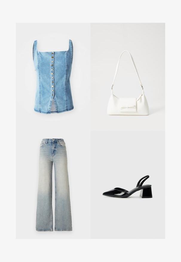 Denim top s kvadratnim izrezom, modra pranje, sprednja zapiralo na gumbe z dekorativnimi zlatimi gumbi, stranske razpoke in rahlo zožen kroj.; Svijetloplave široke traperice s visokim strukom, koje imaju pet džepova i vidljivo šivanje uz šavove.; Črne lakirane slingback pete s koničastim nosom in geometrijsko blokasto peto. Imajo eleganten, minimalističen dizajn in gladko teksturo.; Bela sintetična torbica v obliki trikotnika, z ravnim sprednjim poklopcem in detajlom mašne, nastavljivim trakom, gladko teksturo in minimalističnim dizajnom.